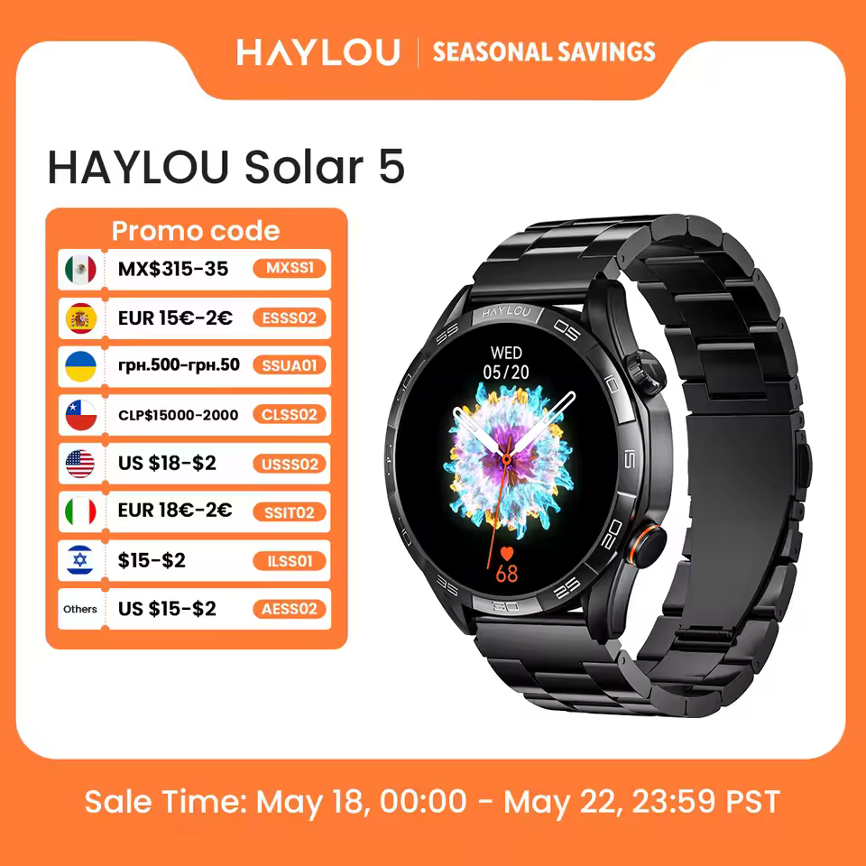 Haylou Solar 5 smartwatch featuring a smooth interface and circular design, reviewed as a reliable best budget AMOLED smartwatch 2025