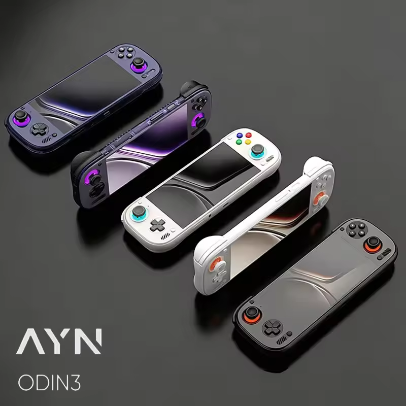 Various color options of the AYN Odin 3, including purple and white, making it the most stylish and best android handheld gaming console 2025.