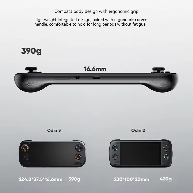 Detailed size and weight specifications of the AYN Odin 3 compared to older models, showcasing the ergonomics of the best android handheld gaming console 2025.