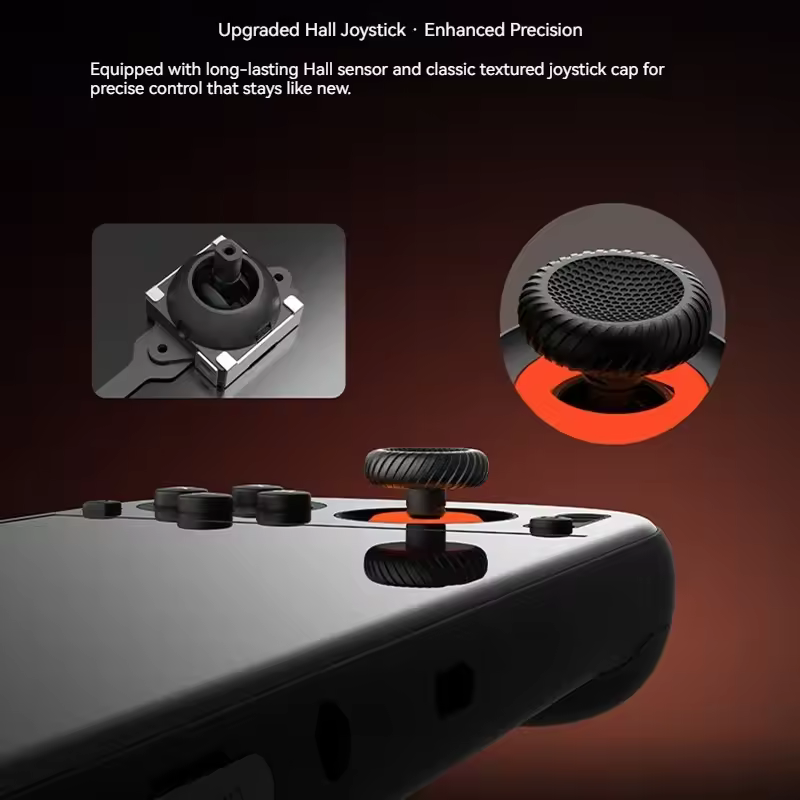 Close-up of the upgraded Hall effect joystick and textured cap on the AYN Odin 3, a premium feature of the best android handheld gaming console 2025.