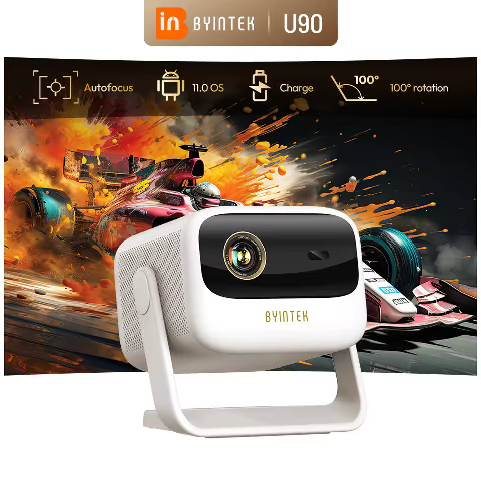 BYINTEK U90 portable DLP projector with a built-in battery, an excellent travel choice for the best 4K smart projector 2025.