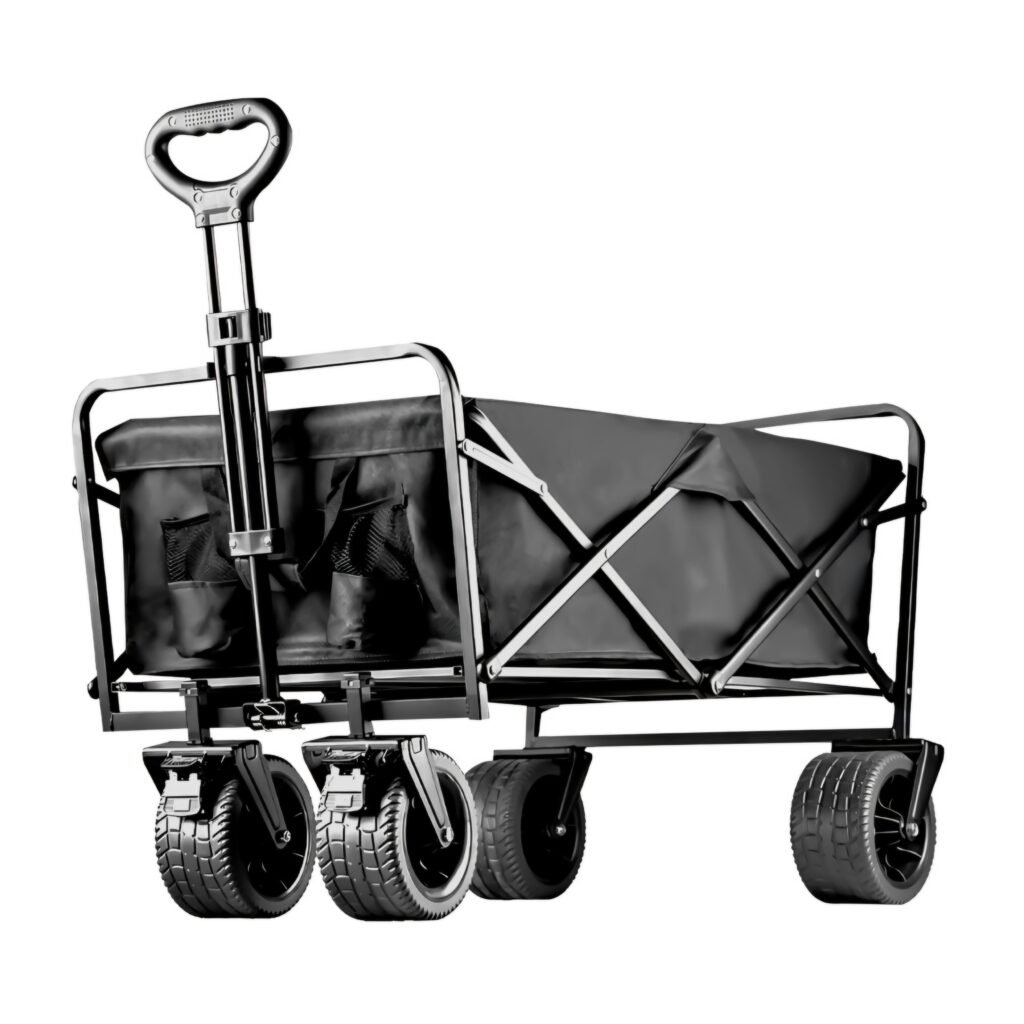 Black heavy duty foldable utility cart, the best beach wagon for sand 2025 with large all-terrain wheels.