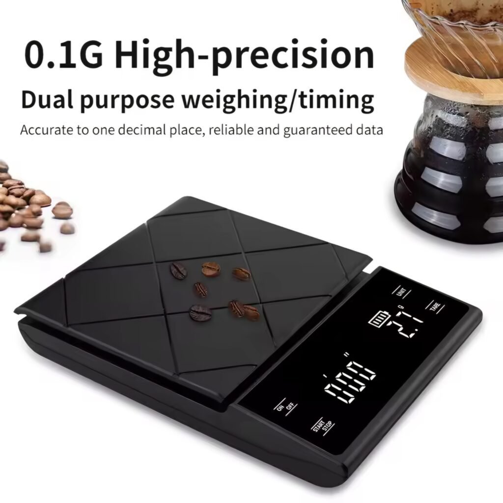 High-precision 0.1g digital espresso scale with beans, the best coffee scale with timer 2025 for home brewing.