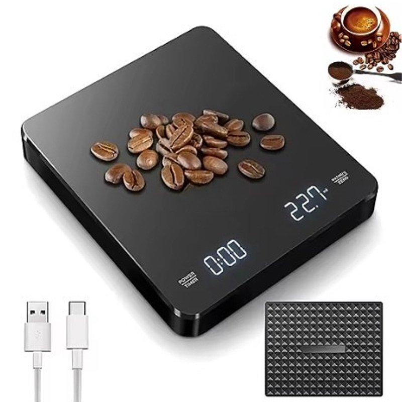 Budget LED coffee scale with USB charging and integrated timer, an affordable choice for the best coffee scale with timer 2025.