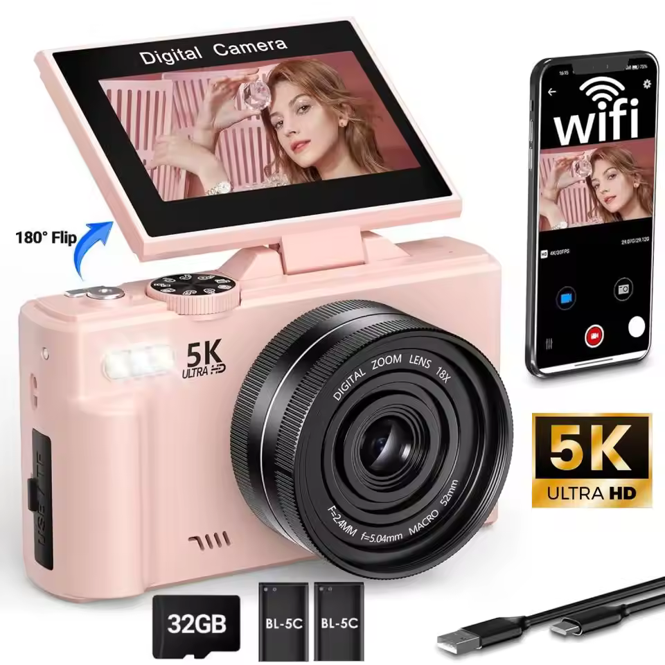 Pink 5K digital camera with a 180-degree flip screen for selfies and content creation, an affordable best vlogging camera 2025 option.