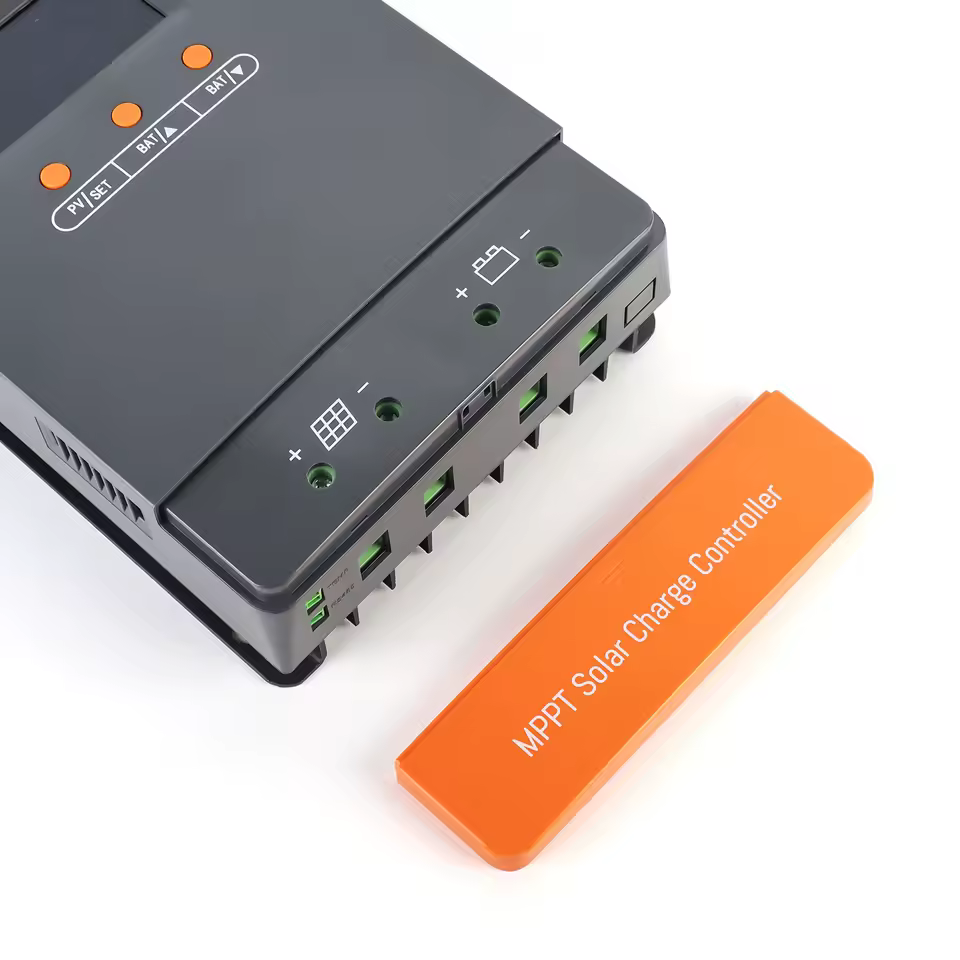 Close up view of the PowMr 100A MPPT Solar Charge Controller wiring terminals and orange cover