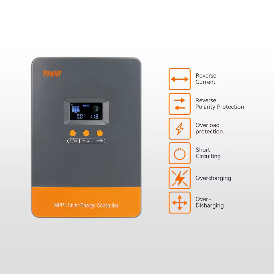 PowMr 100A MPPT Solar Charge Controller showing various built-in safety protection features