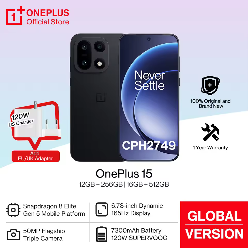 OnePlus 15 US Global Version CPH2749 smartphone with Snapdragon 8 Elite Gen 5 and 7300mAh battery