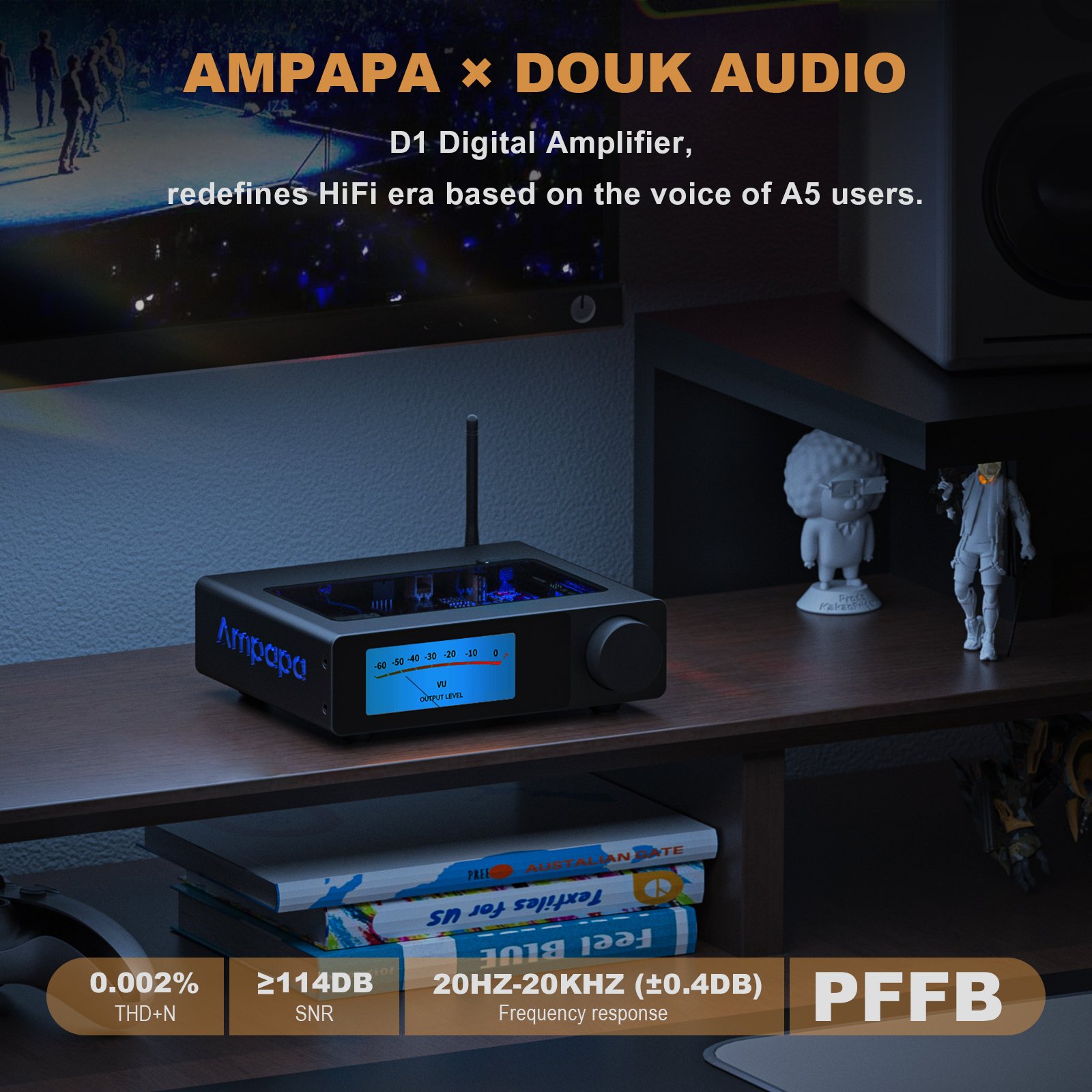 Ampapa D1 Amplifier Douk Audio edition featuring PFFB technology and digital VU meters