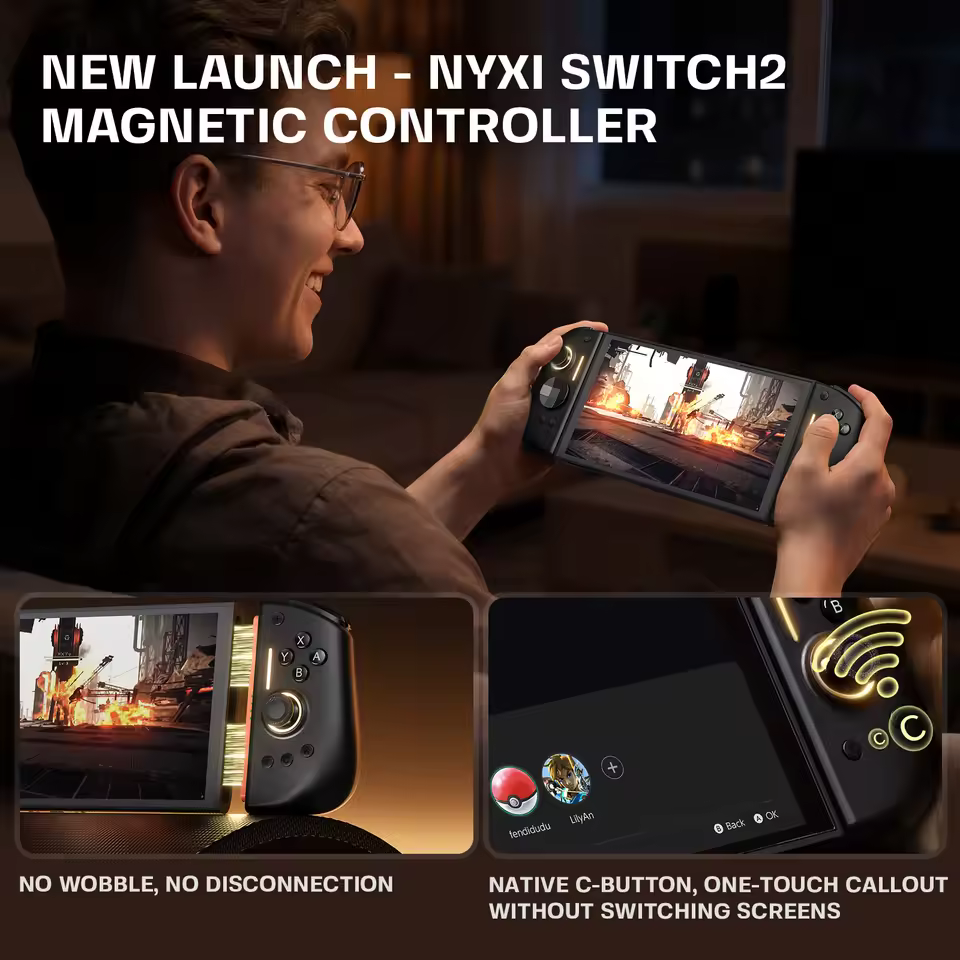 NYXI Hyperion 3 ergonomic wireless joypad attached to a handheld console for Switch 2