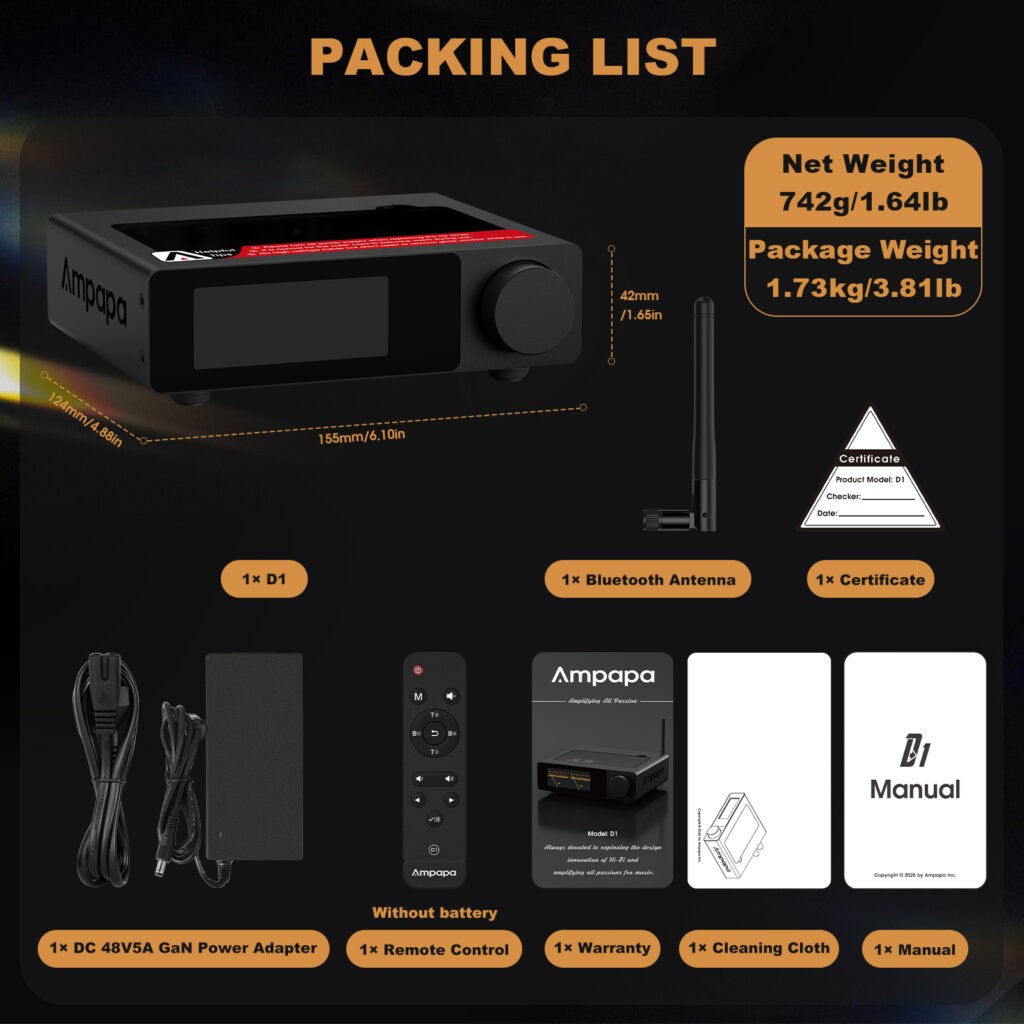 Ampapa D1 Amplifier packing list including remote control bluetooth antenna and power adapter