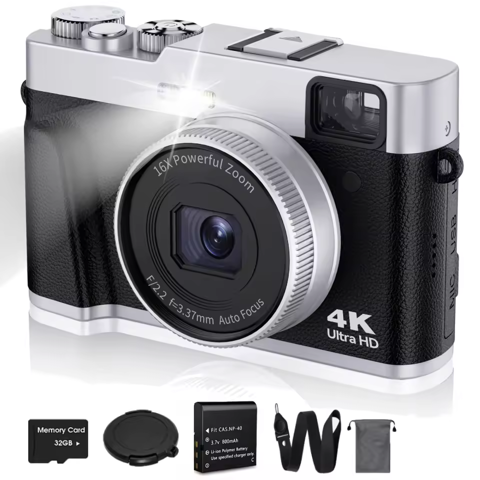 Black vintage style 4K digital camera for youtube vlogging with 16x powerful zoom