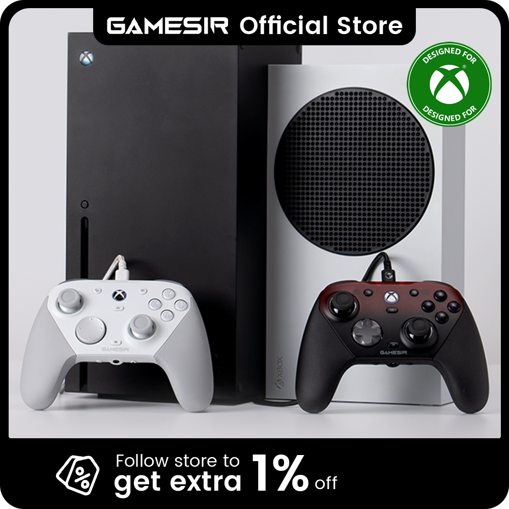 GameSir G7 Pro wired and WUCHANG wireless Xbox gaming controllers next to Series X and S consoles