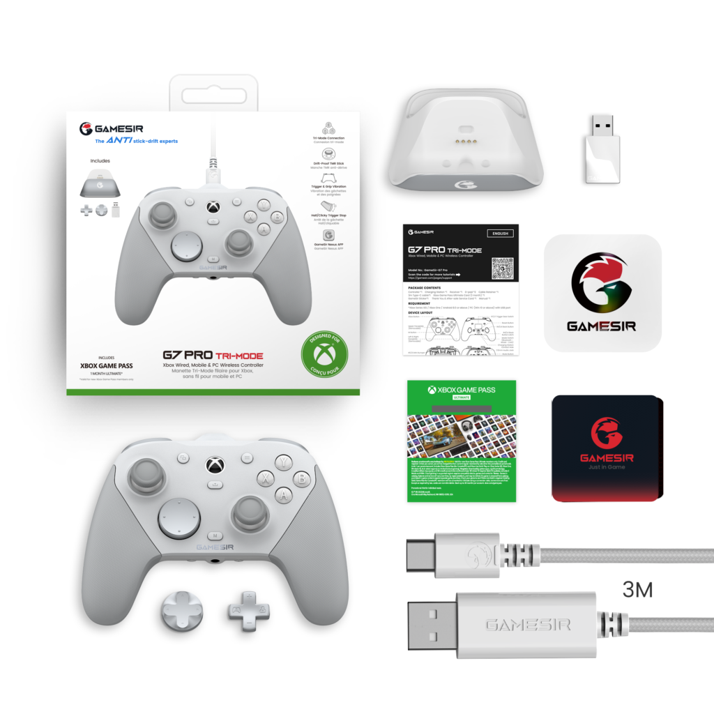 GameSir G7 Pro unboxing contents featuring the controller 3M high speed cable and Xbox stickers