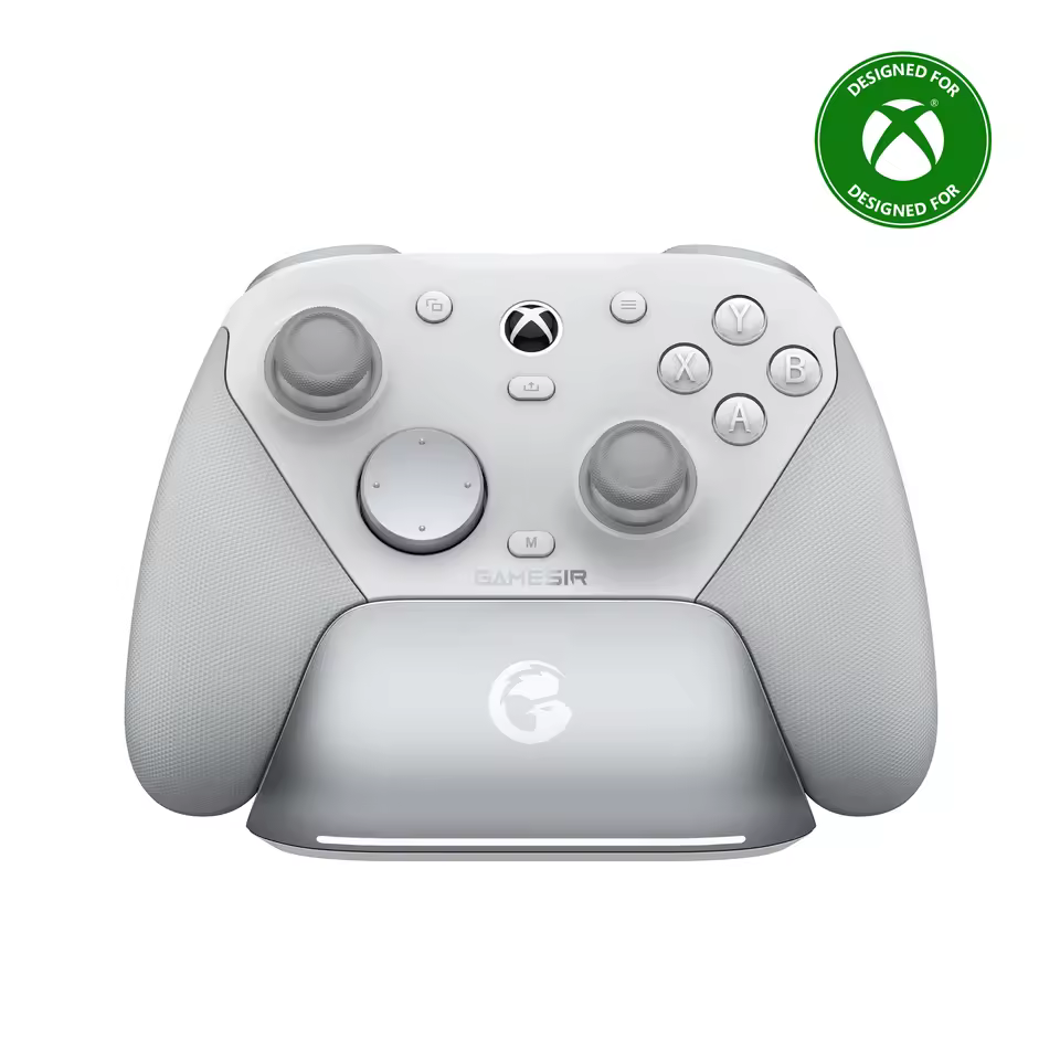 White GameSir G7 Pro Xbox wired controller on a premium charging station for clean setups