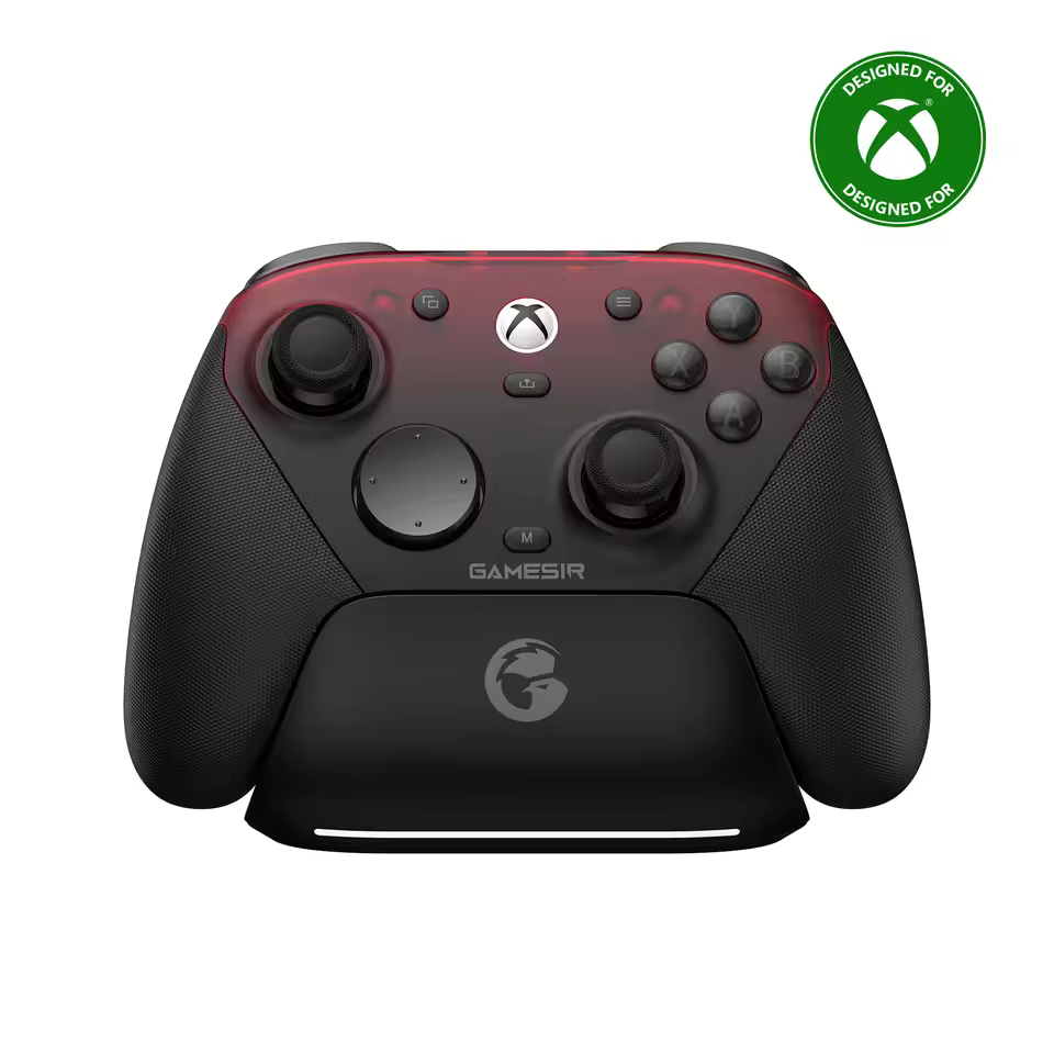 GameSir G7 Pro black and red gaming controller with Hall Effect joysticks on a charging dock