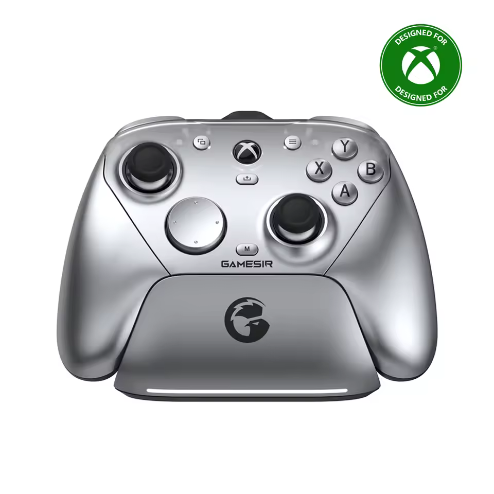 GameSir G7 Pro silver Xbox controller sitting on a professional charging dock for PC gaming