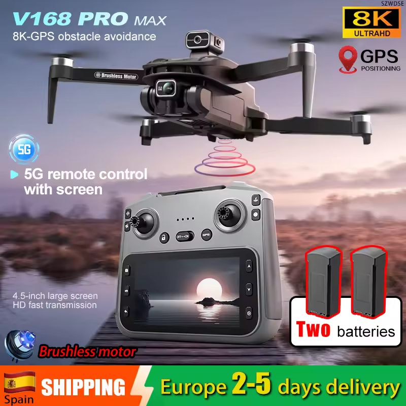 V168 Pro MAX 8K GPS drone with obstacle avoidance, 5G remote control screen, brushless motor, and two batteries