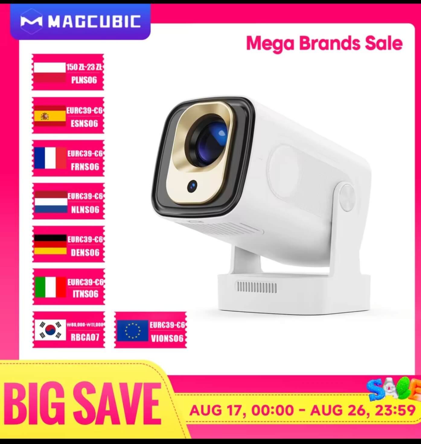 Magcubic HY310 mini projector on rotatable stand, front lens view