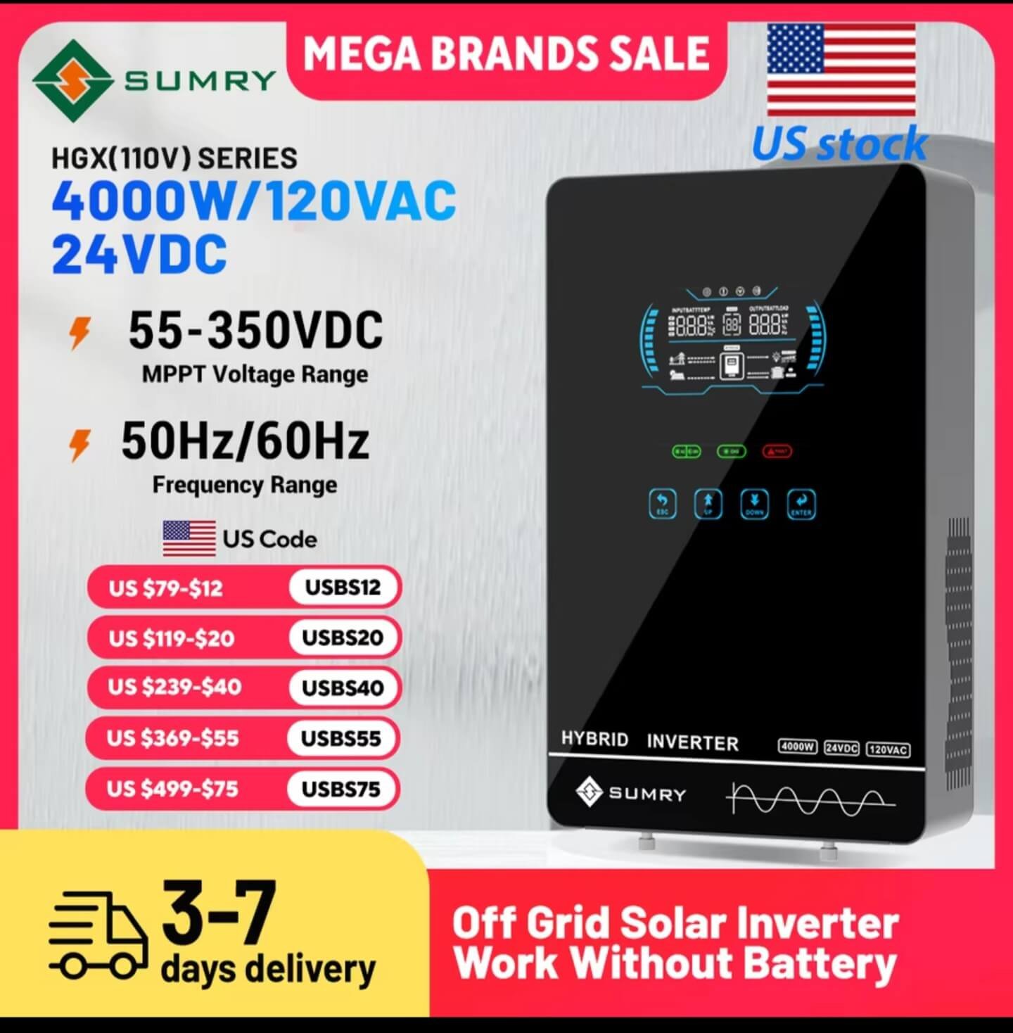 Sumry HGX 4000W 24V hybrid solar inverter with US stock and 3-7 day delivery