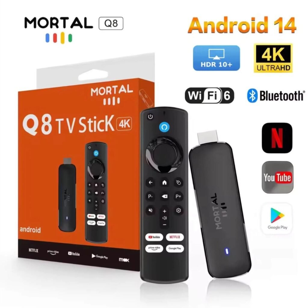 Mortal Q8 Android 14 TV Stick with remote and box