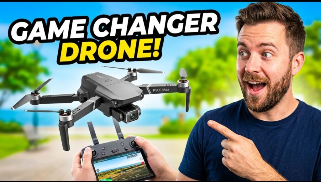 K900 Max GPS drone with remote controller showing live camera feed, foldable design with brushless motors