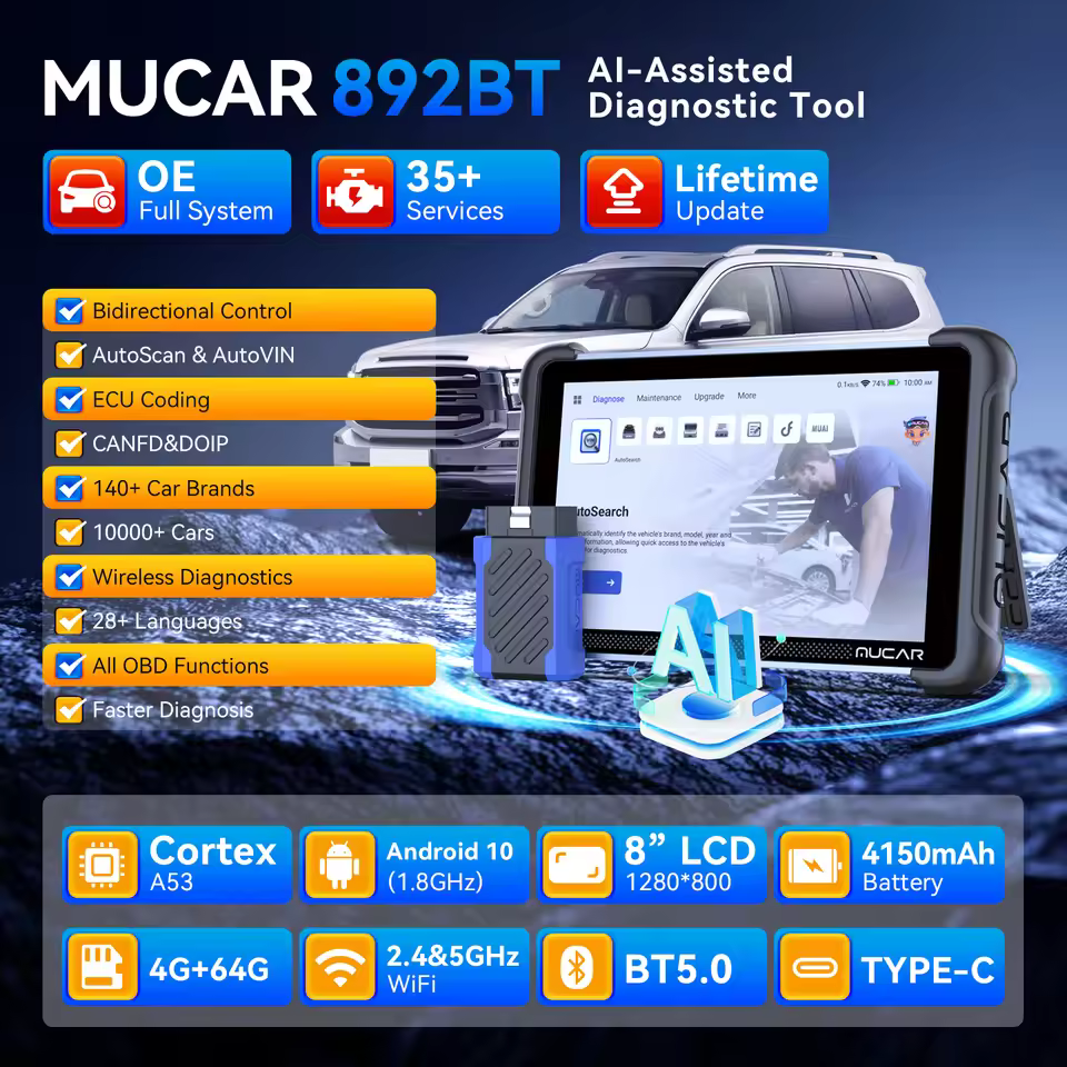 Mucar 892BT professional vehicle diagnostic tool with Android 13 and AI support