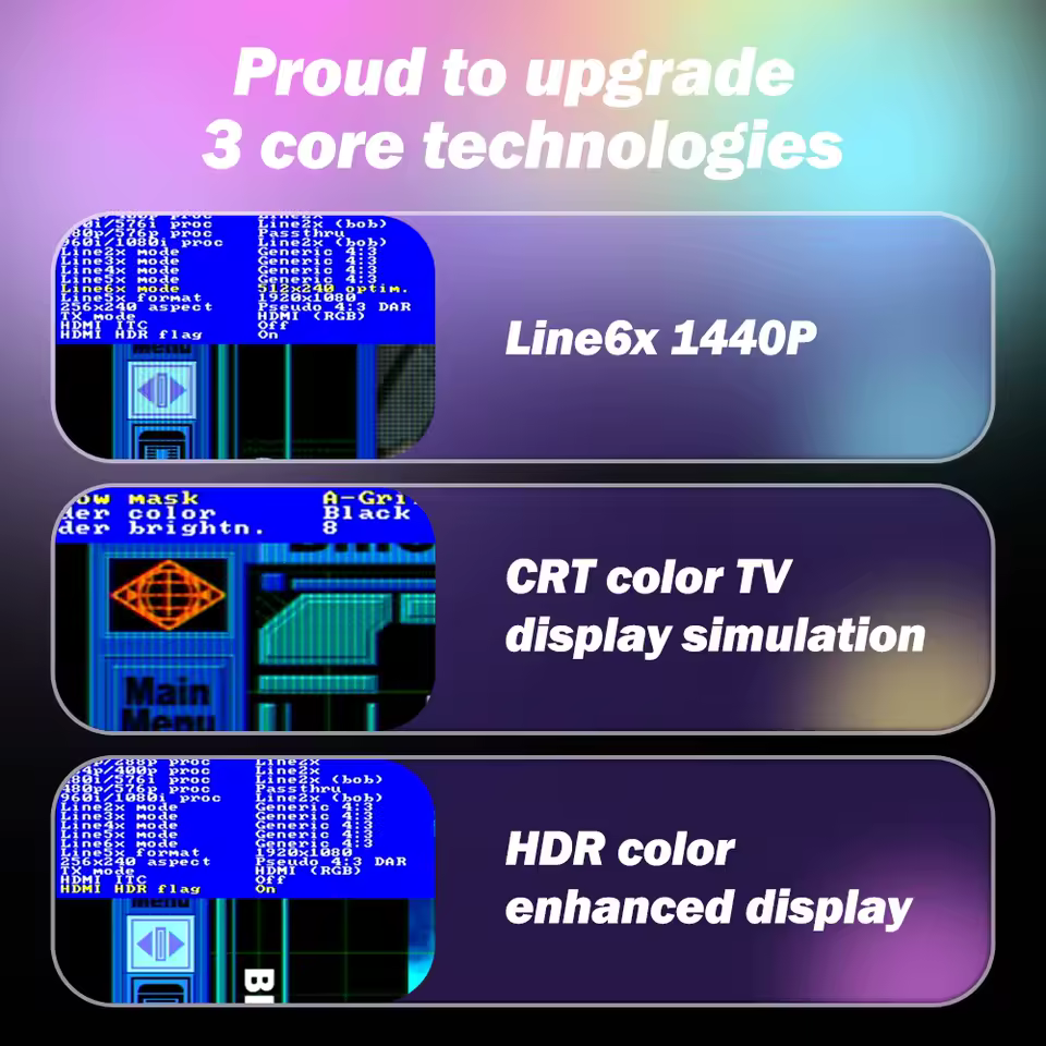 Bitfunx OSSC V1.8 core features showing 1440p resolution and CRT color simulation modes
