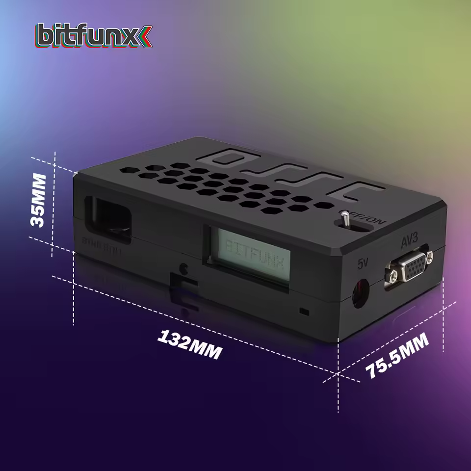 Physical dimensions and compact design of the Bitfunx OSSC V1.8 upscaler for retro consoles