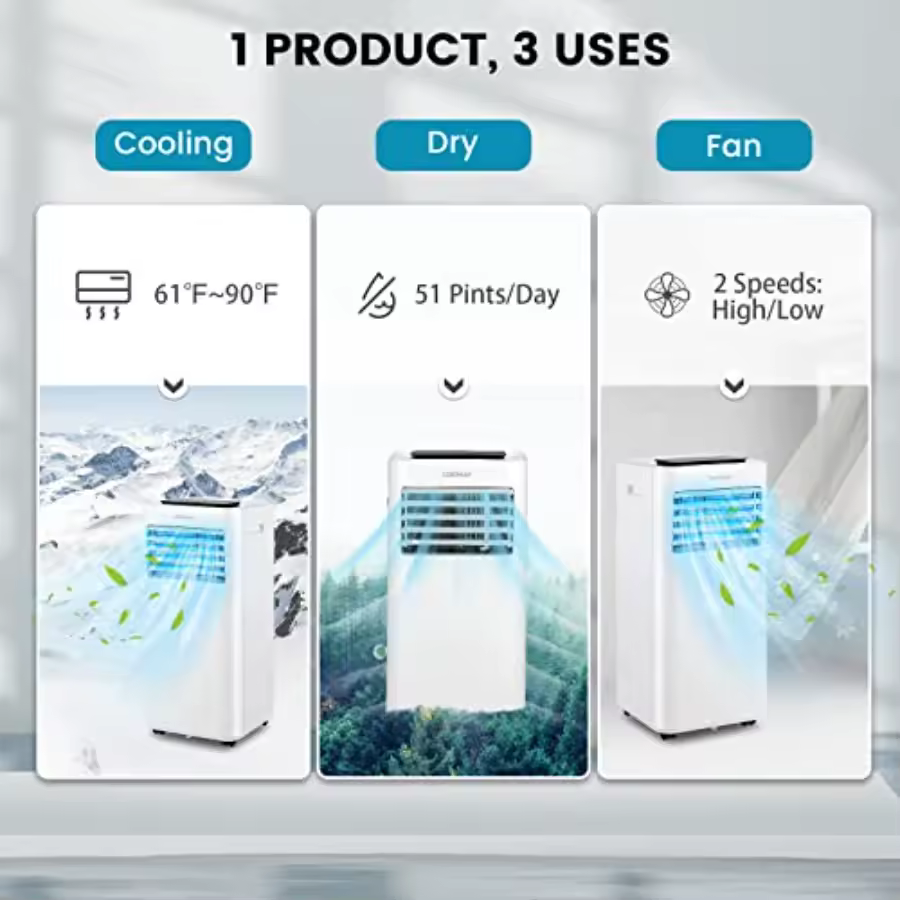 Costway 10000 BTU Portable AC 3-in-1 cooling drying fan modes