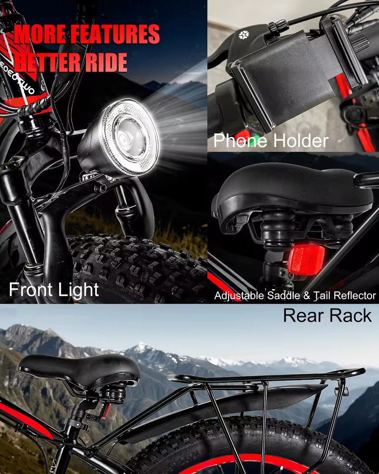 Electric bike accessories including LED front headlight, phone holder, and heavy duty rear storage rack