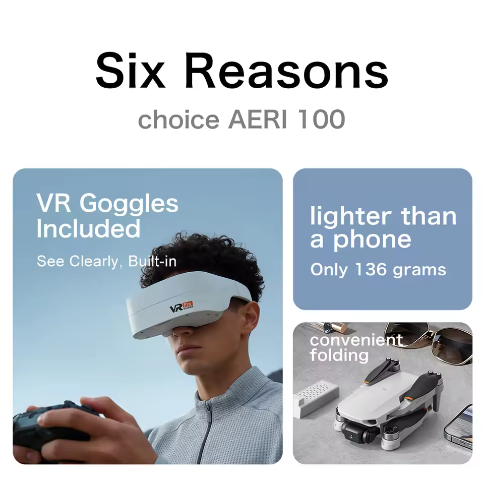 Lenovo Aeri100VR drone features showing lightweight folding design and VR goggles included for beginners
