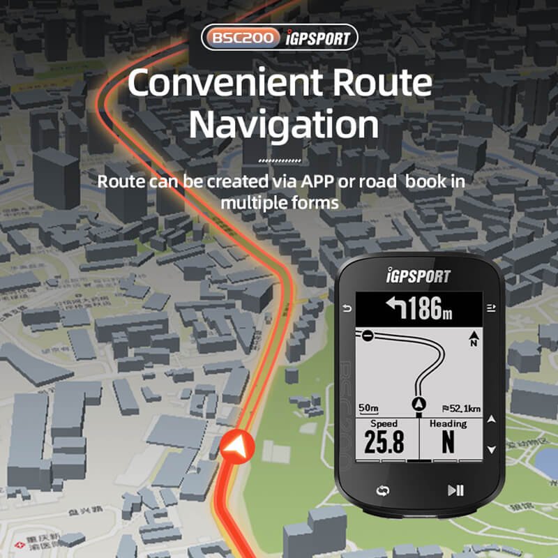 Convenient turn by turn route navigation and map tracking features on the iGPSPORT BSC200 GPS cycle computer screen