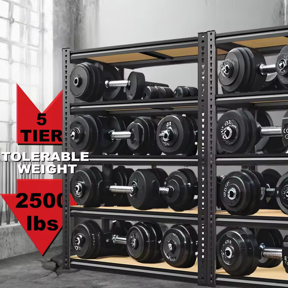 2000 lbs capacity metal storage rack holding heavy dumbbells and gym equipment in a home garage