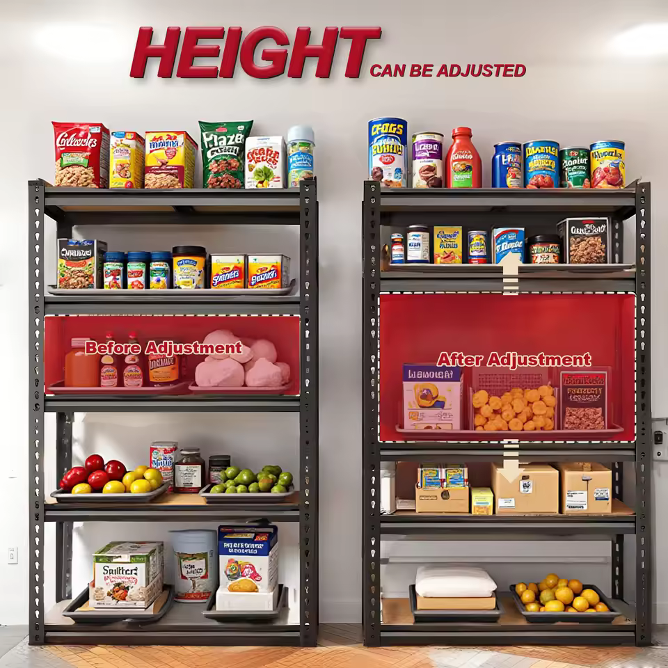 Adjustable height heavy duty shelving unit for pantry storage and organizing food containers