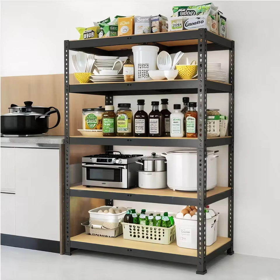 Black metal garage shelving used as a kitchen storage rack for small appliances and pantry organization