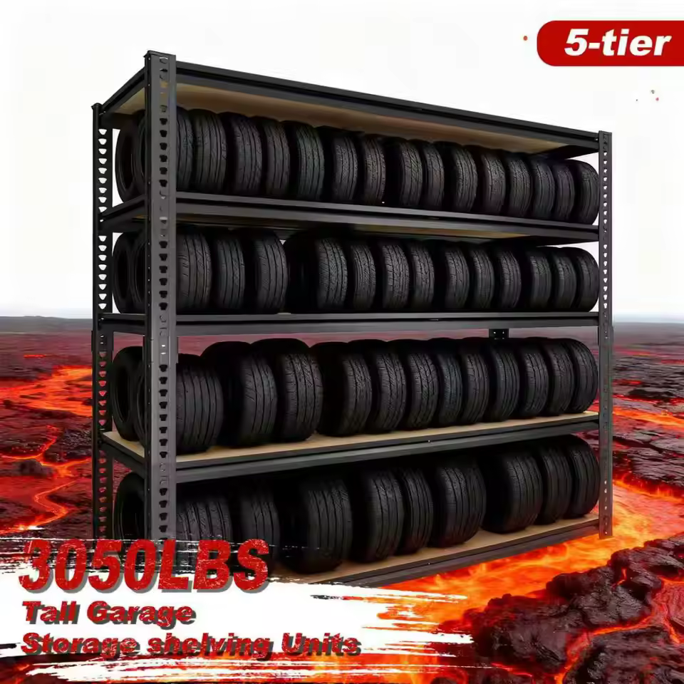 3050 lbs high capacity industrial garage shelving storing heavy car tires and automotive tools