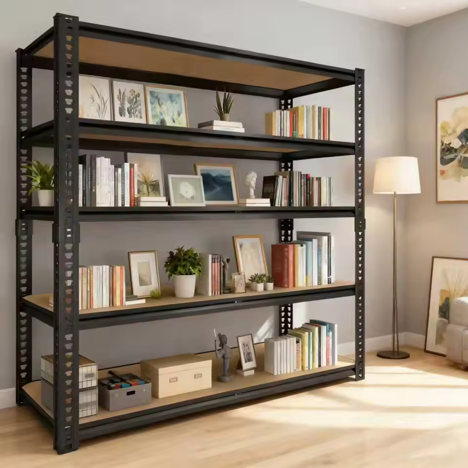 Large 72-inch metal shelving unit used for home office organization and heavy book storage