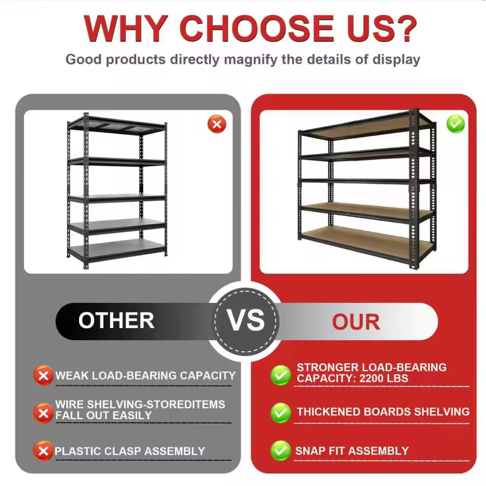 Reinforced steel frame comparison showing strong vs weak garage shelving units for durability review