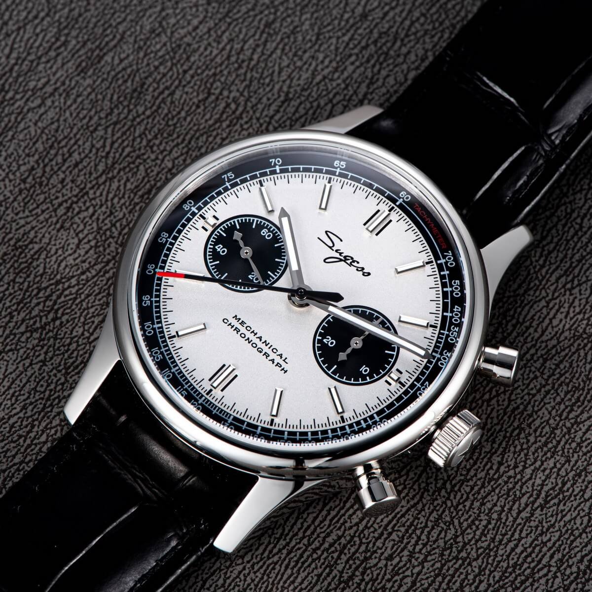 Sugess 1963 Panda Dial on leather strap - sugess chronograph