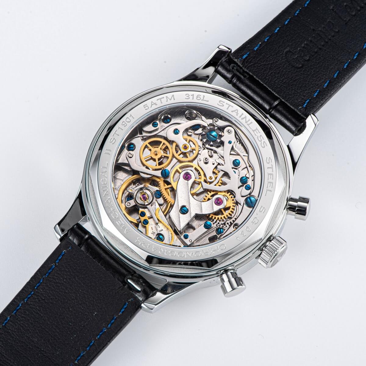 Exhibition caseback showing the Seagull ST1901 mechanical movement gears