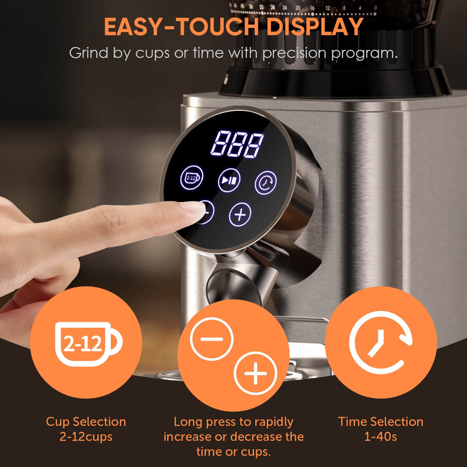 BioloMix coffee grinder review - easy-touch digital display for cup and time selection