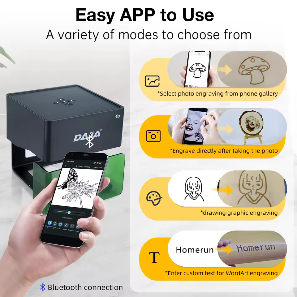 Mobile app interface of the portable laser engraver for wood and leather with easy setup modes