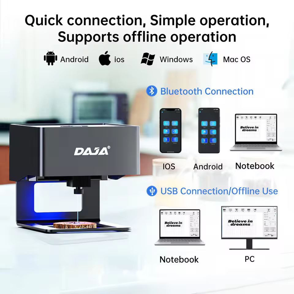 DAJA DJ6 mini laser engraving machine for small business showing Bluetooth and USB connectivity support