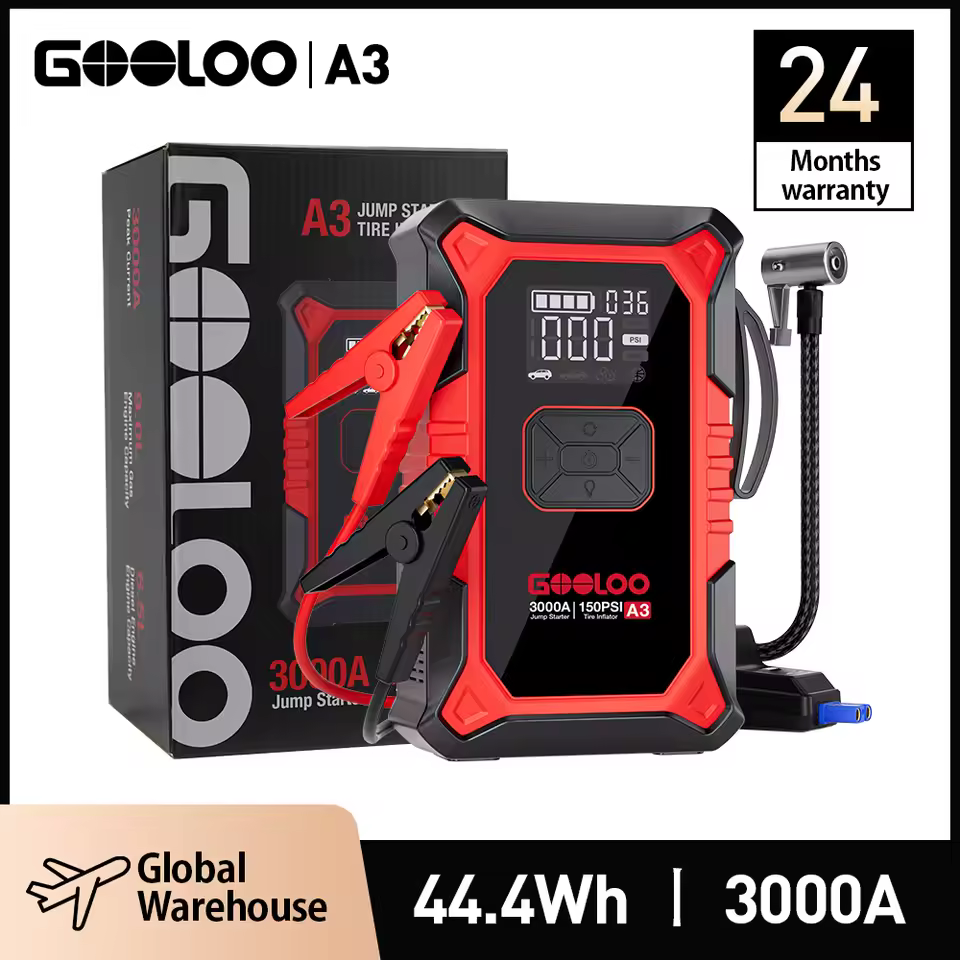 GOOLOO A3 jump starter with air compressor review - 3000A model with digital display screen
