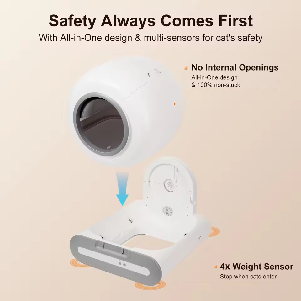 Automatic cat litter box review showing safety sensors and multi-sensor protection design