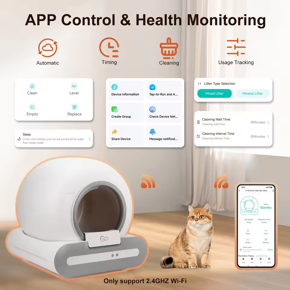 Smart litter box app control and health monitoring interface for tracking cat weight