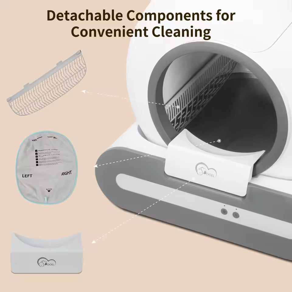 Detachable components of the smart litter box for easy cleaning and maintenance