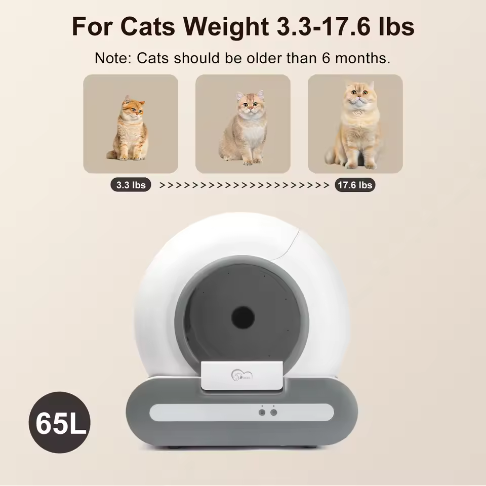 Best budget smart litter box with app control showing weight capacity up to 17.6 lbs