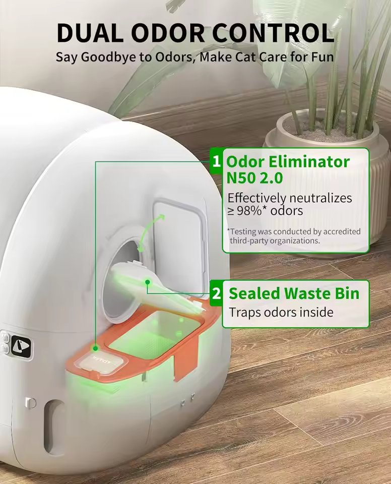 Advanced dual odor control and sealed waste bin on the PETKIT PuraMax 2 automatic box